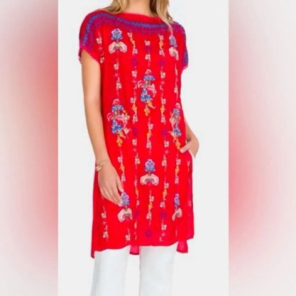 Johnny Was Bennet Fiery Red Floral Embroidered Tunic Size XL